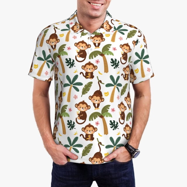 Balery Monkeys Swinging from Palms Camisa Polo de Hombre con Estampado, de Manga Corta y Tejido Medio, Camisa Tipo Golf Polo-Small