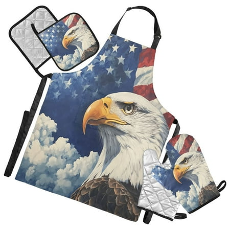 

5 Pcs Kitchen Set Heat Resistant Oven Mitts and Non-Slip Pot Holders with Adjustable Cooking Apron American Flag and Eagle