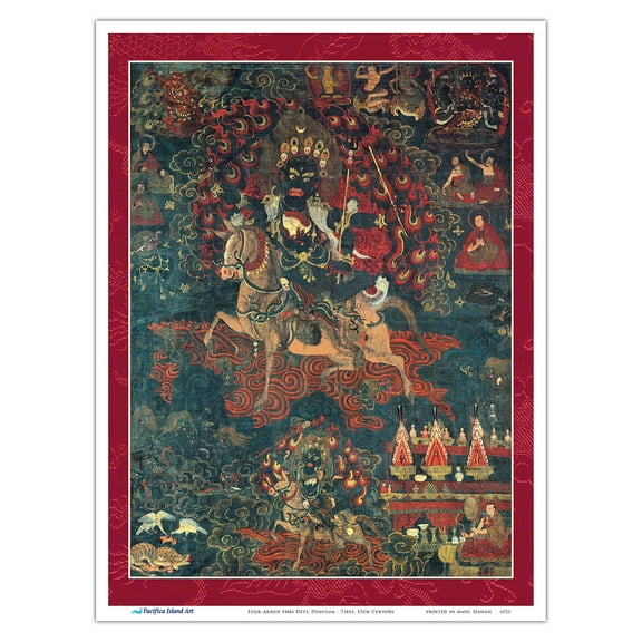 Four-Armed Shri Devi Dusolma - Tantric Buddhist Protector Deity - Vintage Tibetan Thangka Buddhist Painting - Tibet, 13th Century - Master Art Print (Unframed) 9in x 12in