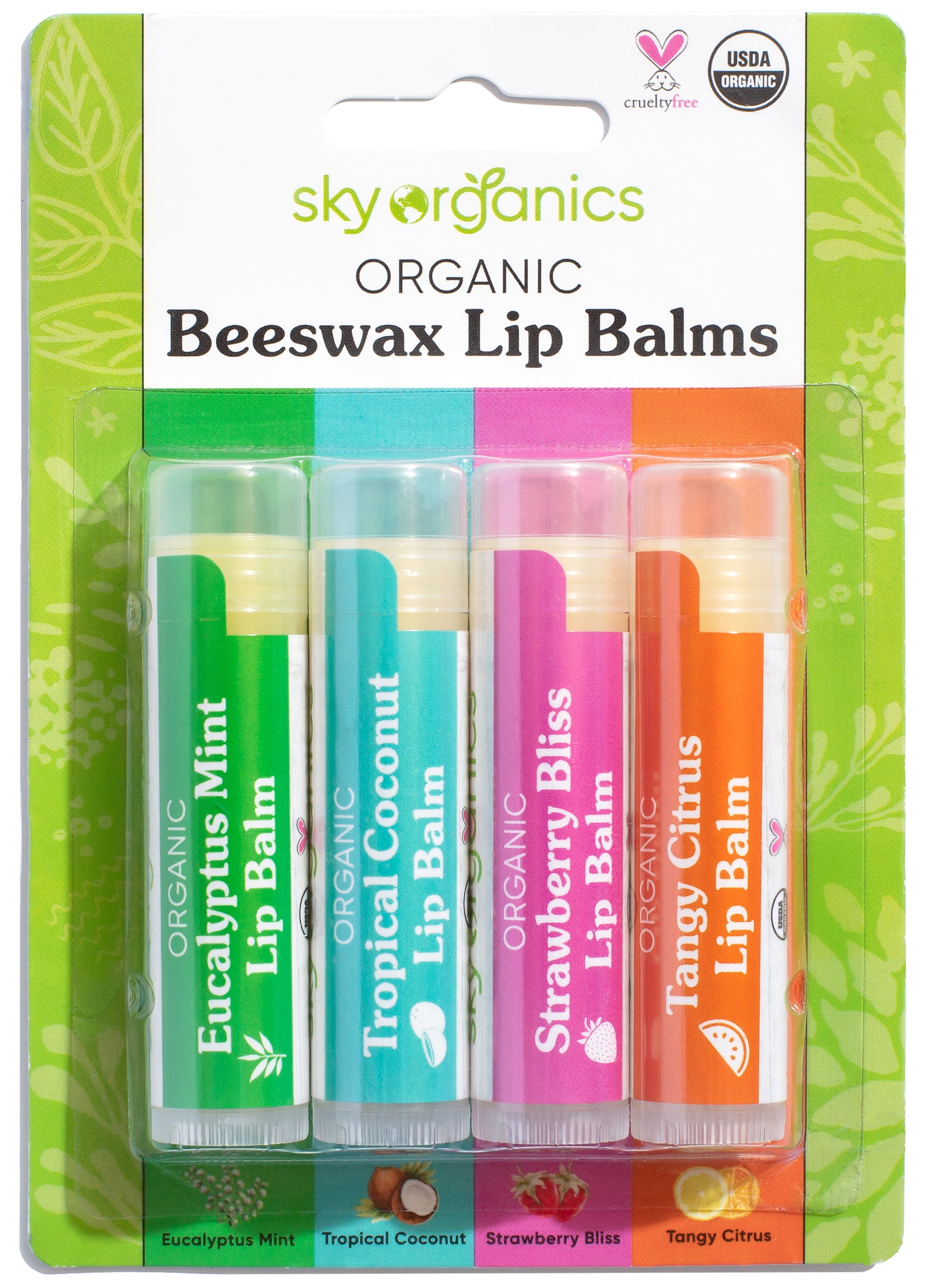 Sky Organics Organic Beeswax Lip Balms for Lips to Moisturize and Soften, 4 Pk