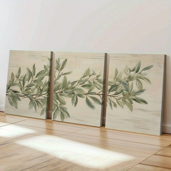 Three Canvas Paintings of Olive Branches Green Leaves in The Countryside And White Flowers on The Walls, with a Modern Farm Decoration Style for Living Rooms, Bedrooms, Offices Or Dining