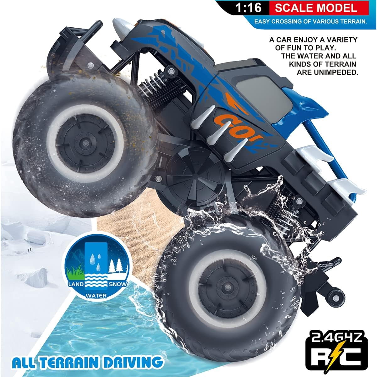 Truck Toys 1:16 Waterproof Monster Rc Cars 2.4 Ghz Amphibious Remote Control Car 4wd all Terrain Off-Road Pickup Trucks for Boys & Girls Kids Gifts Presents