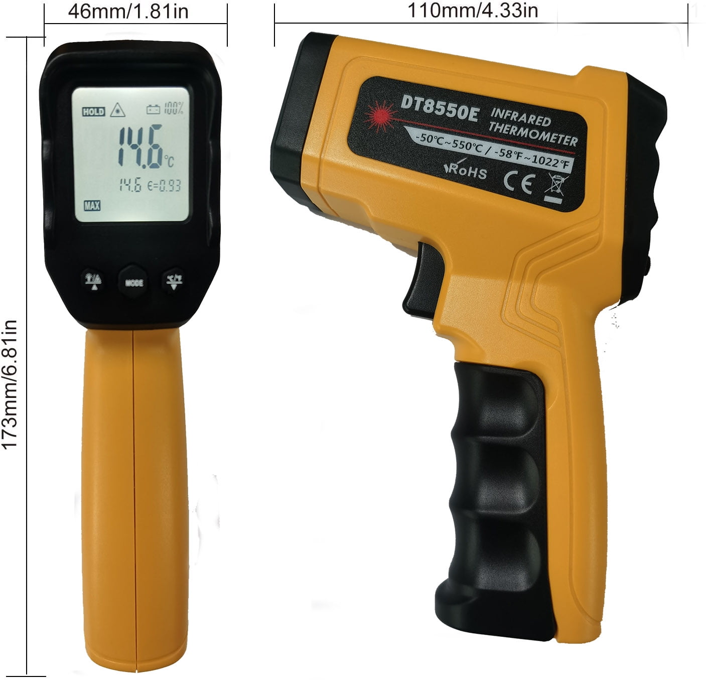 Infrared Thermometer Industrial -58℉-1022℉ (-50℃ to 550℃) Amicable Dual Laser Multipurpose Digital Temperature Gun [Not for Human] Adjustable Emissivity DS 12:1 for Home Repairs, Cooking