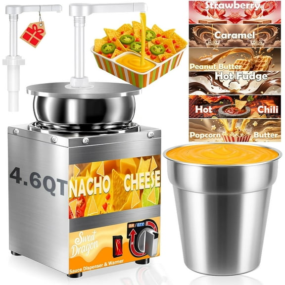 Nacho Cheese Dispenser, 4.6 Qt Nacho Cheese Dispenser with Pump, Stainless Steel Hot Fudge Cheese Warmer W/6-Level Temperature Adjustment, Commercial Sauce Dispenser for Butter Syrup Caramel