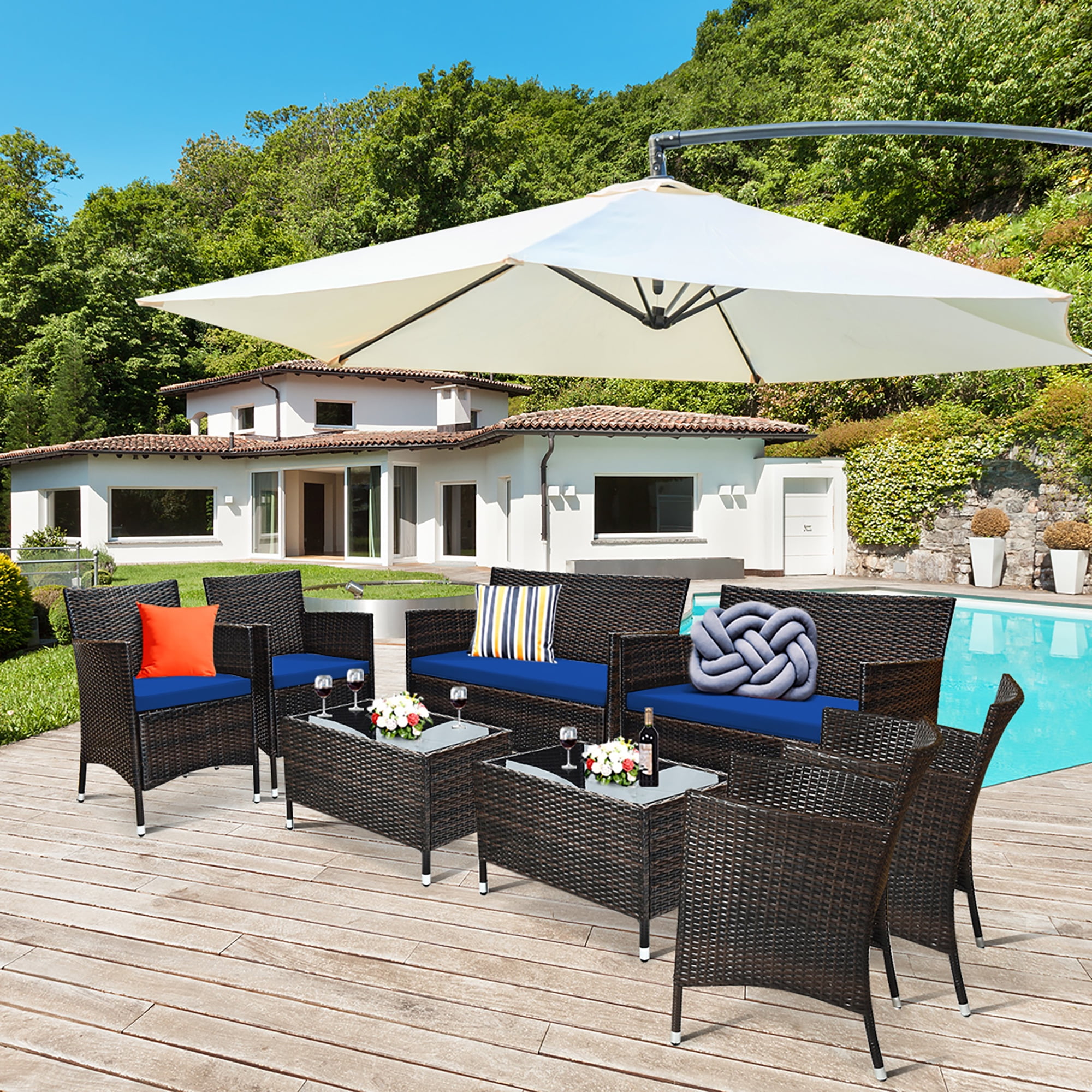 Costway 8PCS Rattan Patio Furniture Set Cushioned Sofa Chair Coffee Table Navy