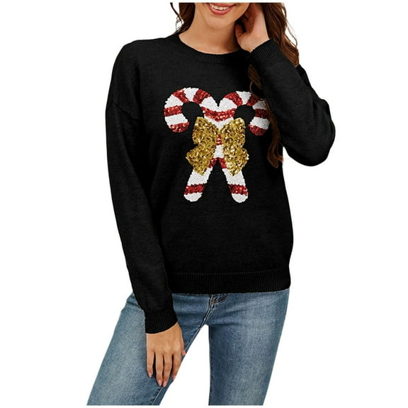 Women Christmas Sweater Cane Bowknot Sequined Sweater Autumn And Winter Round Neck Long Sleeve Knitted Cardigan Relaxed Fit Womens Lightweight Sweaters Black S