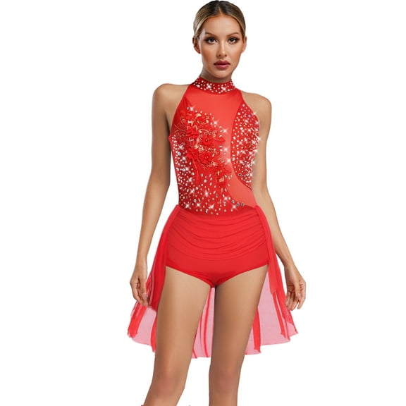 Xnihocha Women Sleeveless Ballet Lyrical Leotards Dress Latin Dance Bodysuit Ballroom Dancing Outfits Red M