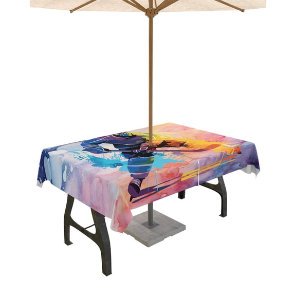 Fsddascl Ice Hockey Players Outdoor Tablecloth - 60x102 Inch Rectangle Dining Table Cover, Sports Watercolor Ombre Abstract Art Waterproof Outdoor Table Cloth with Umbrella Hole & Zipper for Patio