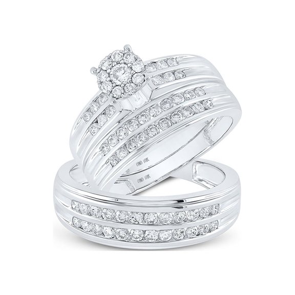 10kt White Gold His Hers Round Diamond Cluster Matching Wedding Set 1-1/5 Cttw