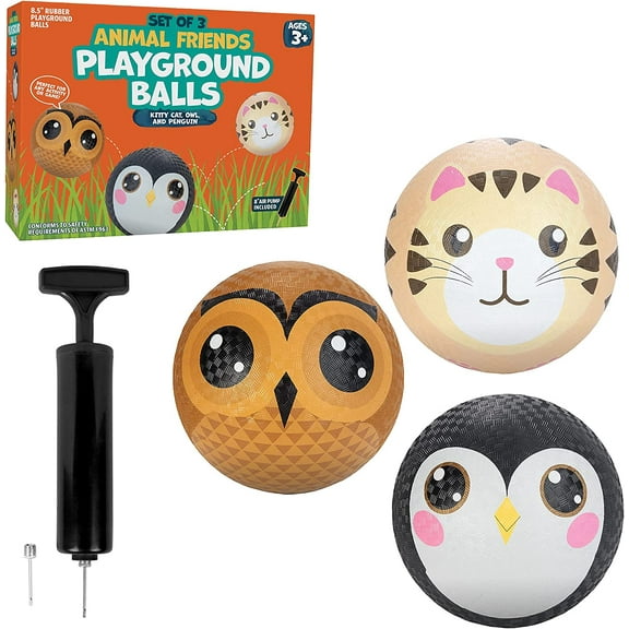 SCS Direct Animal Rubber Playground Balls 8.5" with Pump (3 Pack) - Owl, Cat, Penguin - Great for Dodgeball, Kickball, Indoor/Outdoor Games Accessories, Gaga Ball, School, Yoga, Sport