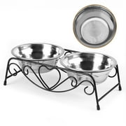 LAFGUR Double Pet Elevated Feeder Dishes,Stainless Steel Pet Cat Dog Puppy Food and Water Dish Bowls with Retro Iron Stand for Small Dogs and Cats