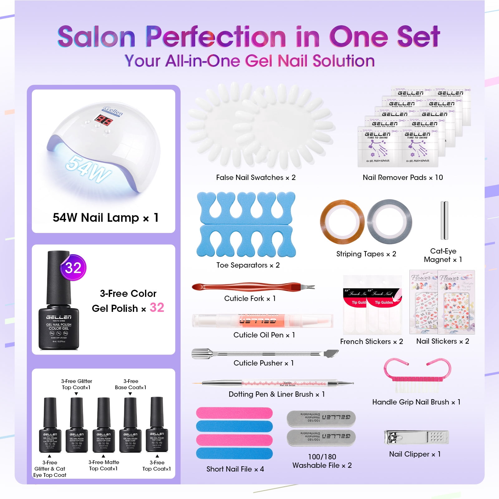 Gellen 71Pcs Gel Nail Polish Kit with 54W UV Light, 32Colors Mist & Sparkle All Seasons Hema-Free Gel Polish Set with 5pcs Functional Gel Top Base Coat, Nail Art Salon Manicure for Women