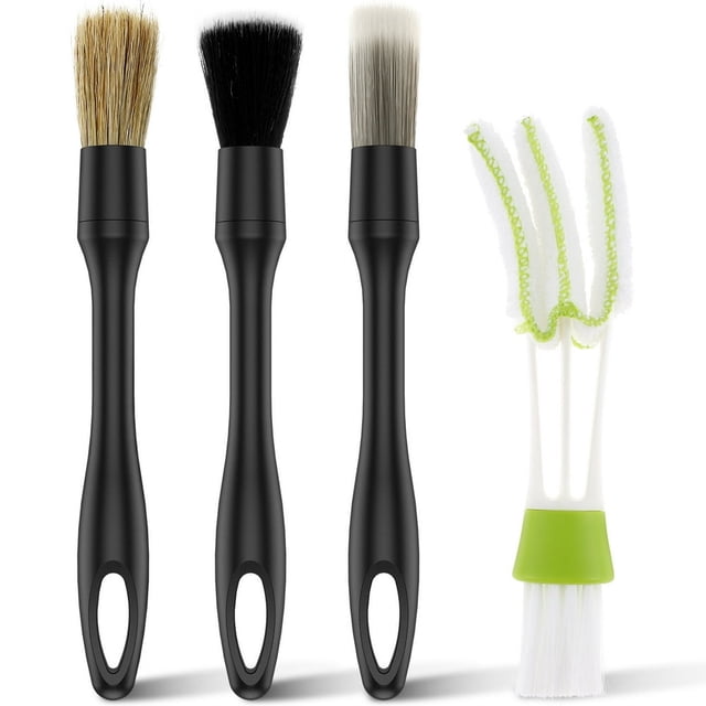4PCS Car Detailing Brush Set Car Interior Detailing Brushes Kit Natural Boars Hair Detail Brush Auto Ultra-Soft Detail Cleaning Brush Tool for Automotive Trim Wheel Rim Engine Cleanin