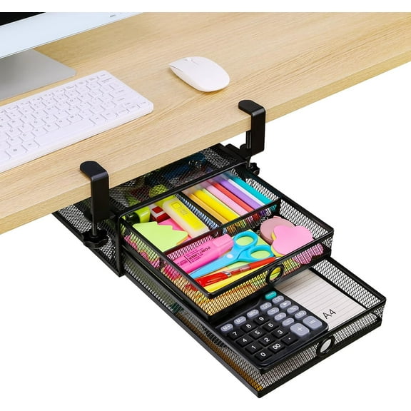 Under Desk & Desktop Drawer Organizer - 2-Tier Metal Slide Out Drawers Organizer, Storage for Home Office Desk (Black)