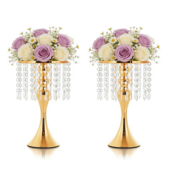 Garvee Elegant Gold Crystal Candle Holder Centerpiece – Tall Metal Vase for Weddings, Parties, Home Decor – Stunning Table Decoration – Includes 2PCS