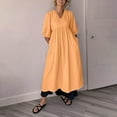 thumbnail image 5 of GaThRRgYP Ruched Side Short Sleeve V-Neck Dress-Figure-Flattering,Ladies' Casual V-neck Three-quarter Sleeve Cotton and Linen Pocket Dress Orange XXXL, 5 of 9