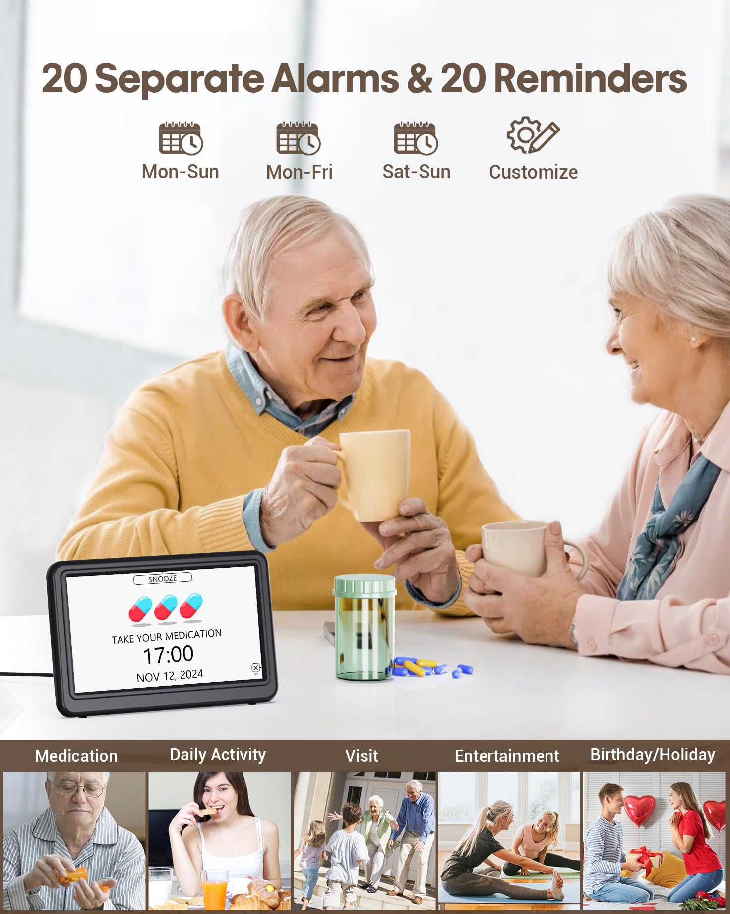 Clock With Day And Date For  7" Large Display Digital Calendar 20 Custom Alarms Reminders Dimmable Dementia Alzheimers Clocks Seniors Black (ac Powered)