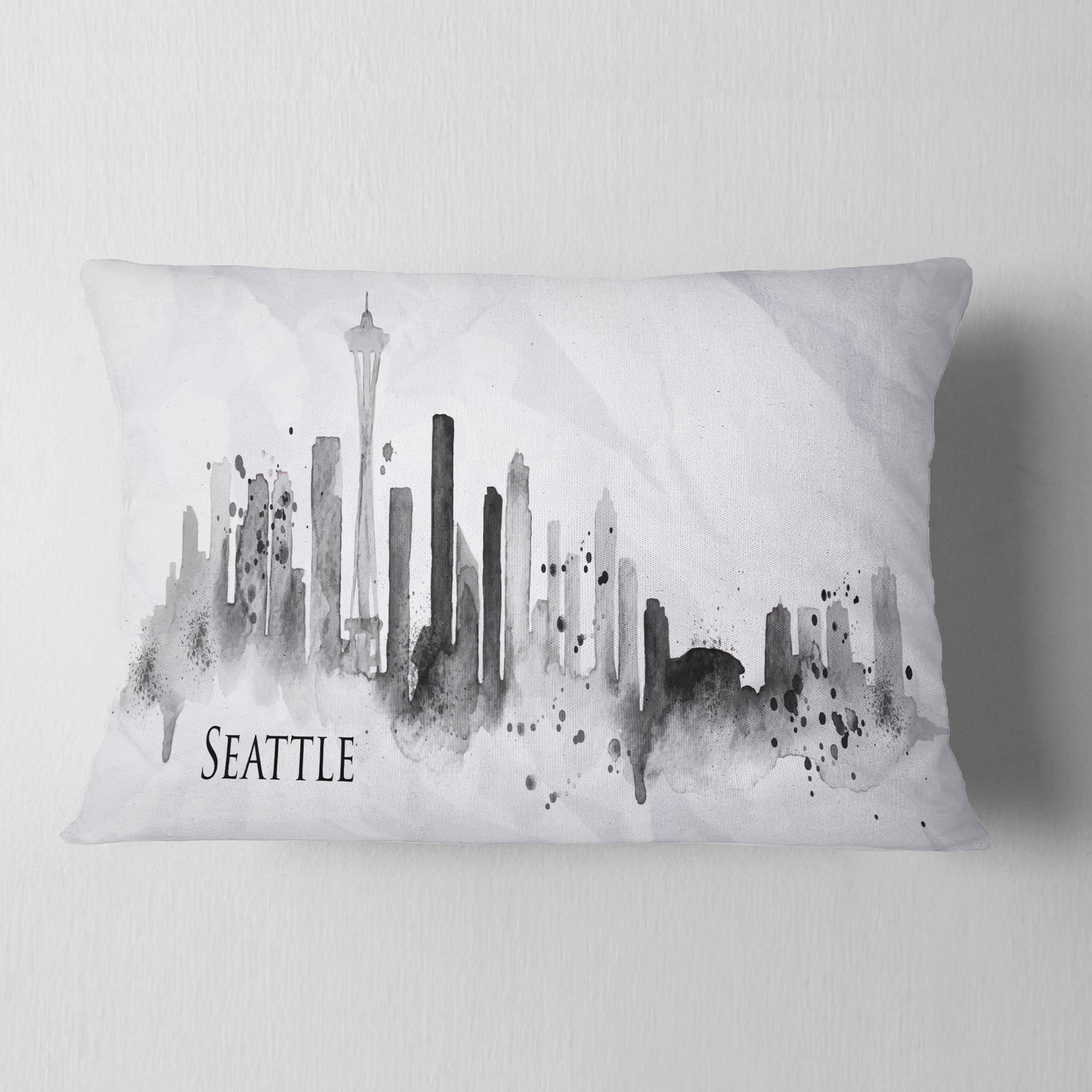 Designart Seattle Black Silhouette - Cityscape Painting Throw Pillow - 12x20