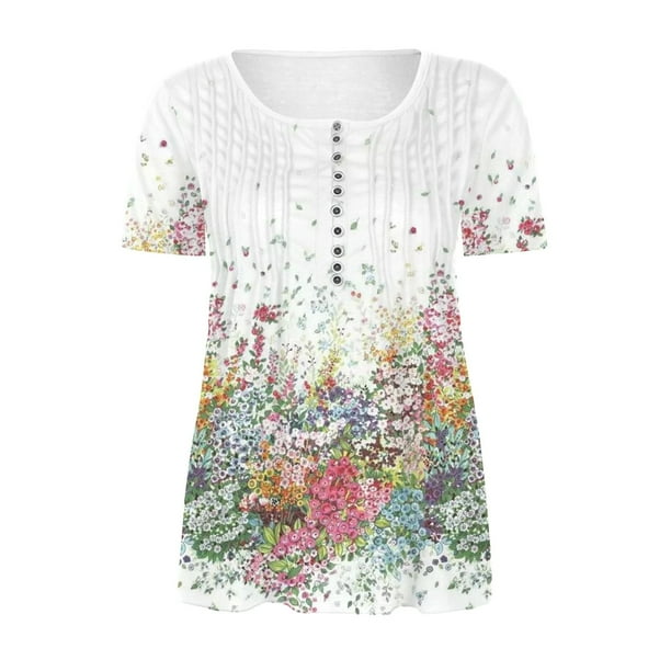 Blusas Umfun de manga corta para mujer, cuello en V, botones, informal, blusa plisada estampada, blanca, talla 5XL