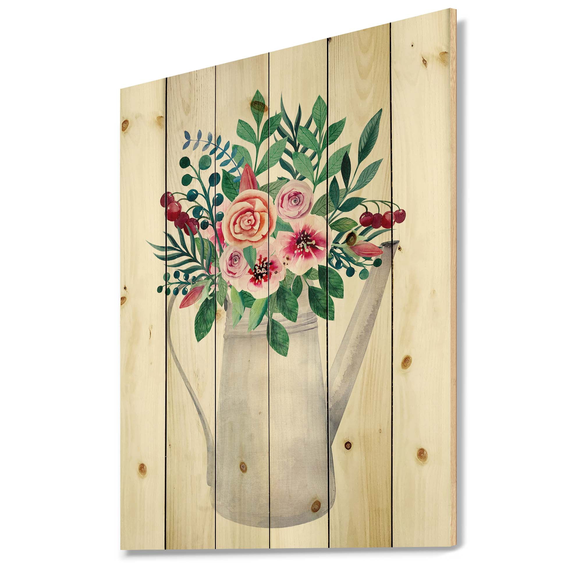 Designart 'Bouquets of Flowers In Rustic Flowering Pot With Berries' Traditional Print on Natural Pine Wood