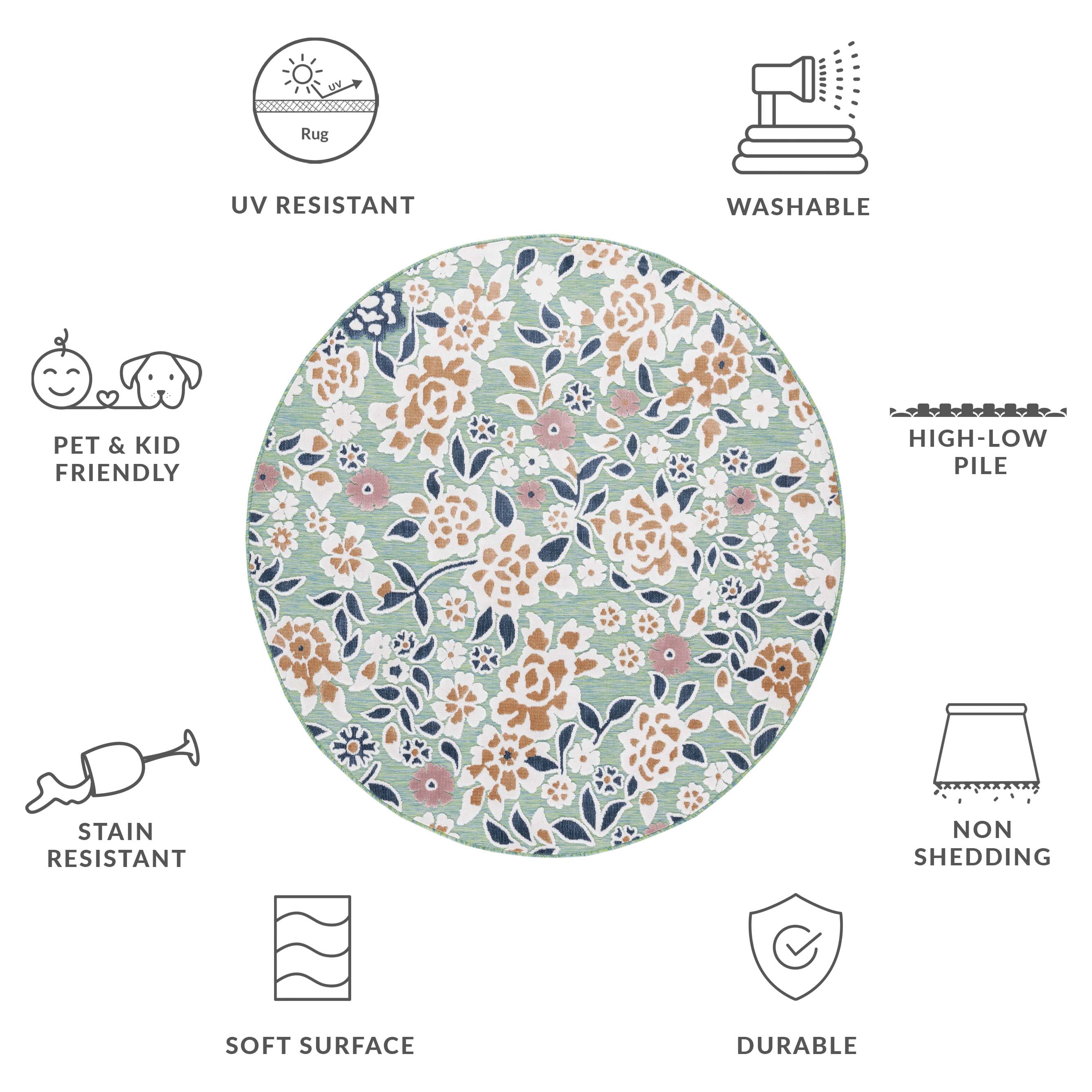 SAFAVIEH Cabana Tobias Floral Indoor/Outdoor Area Rug, Green/Navy, 4' x 4' Round