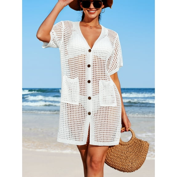 charmo essentials Short Sleeve Beach cover-ups for Womens Side Split Botton One Piece Swimwear