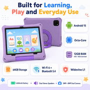 Callsky 10.1 inch Android 15 Kids Tablet, ABCmouse Authorized Learning App, 12GB+64GB, 8-Hour Battery, Parental Controls, Google Kids Space, Purple