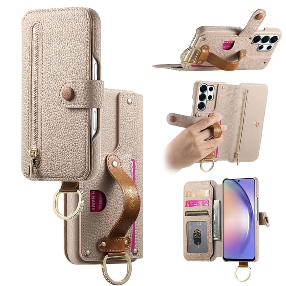 Wallet Case For Samsung Galaxy S25 Ultra with Zipper Pocket RFID Blocking Card Holder, Premium PU Leather Folio Cover Handle Strap Kickstand with Ring Holder Grip Shockproof Case,Khaki