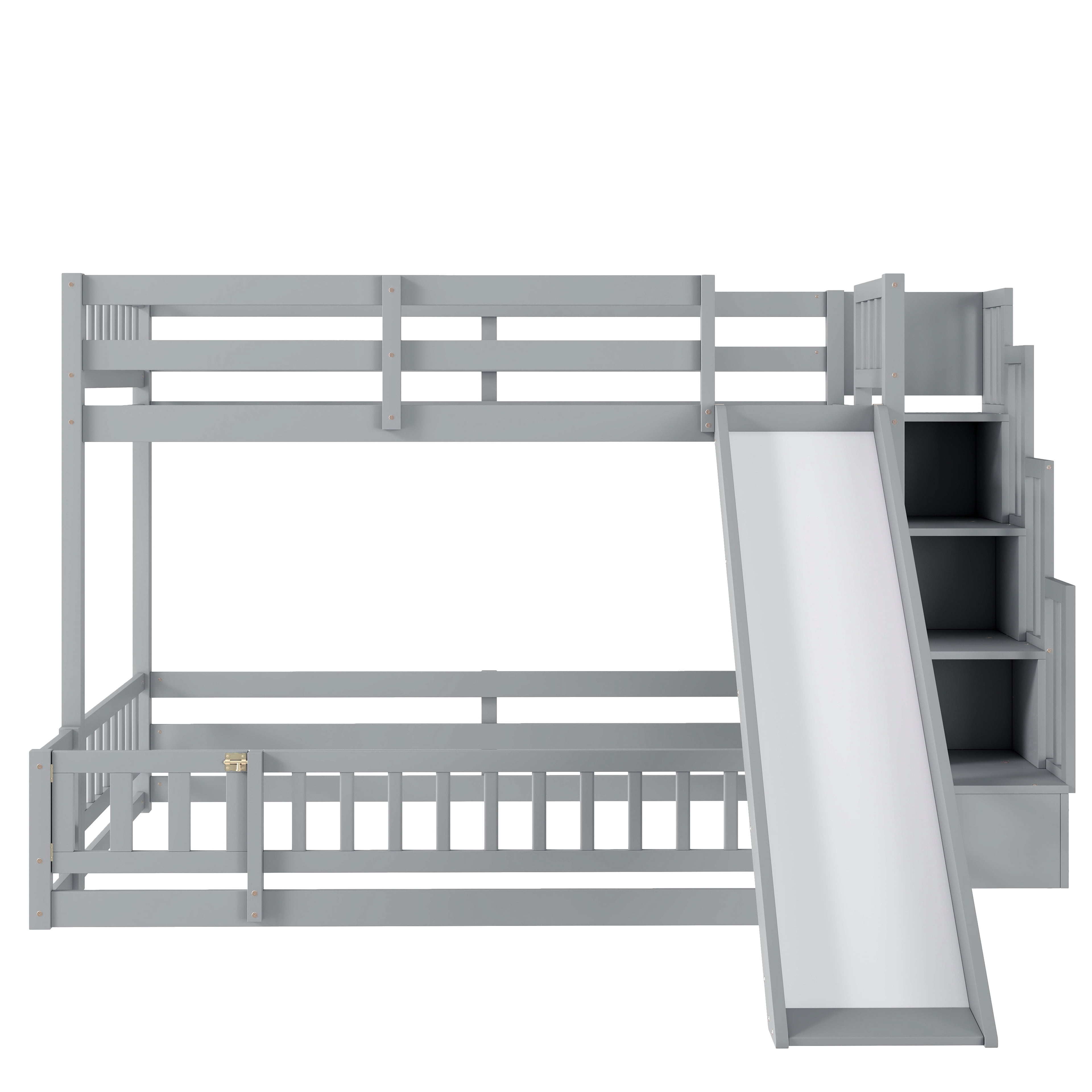 Mintazer Twin Over Full Bunk Bed with Slide & Storage Staircase, Kids Floor Bunk Bed with Guardrails, Gray