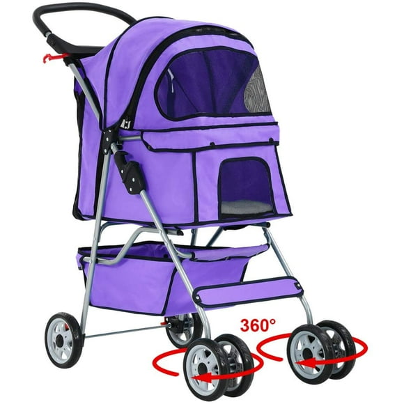 Pet Stroller Cat Dog Cage Stroller Travel Folding Carrier,Purple