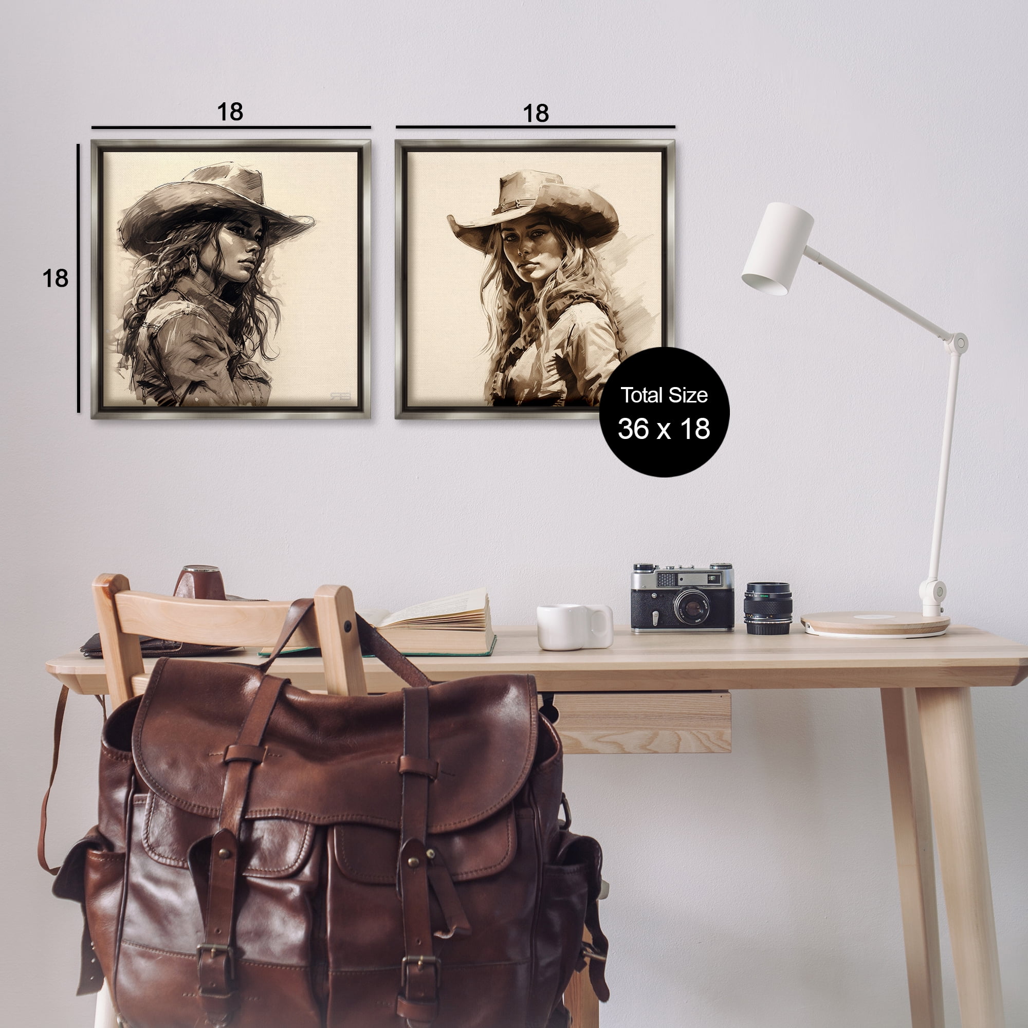 Stupell Industries Trendy Cowgirl Beauties People Painting Gray Floater Framed Canvas Art Print Wall Art, 18 x 18, Set of 2