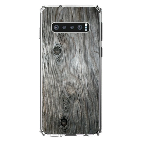DistinctInk Clear Shockproof Hybrid Case for Samsung Galaxy S10  PLUS(6.4" Screen) - TPU Bumper, Acrylic Back, Tempered Glass Screen Protector - Grey Weathered Wood Grain Print - Printed Wood