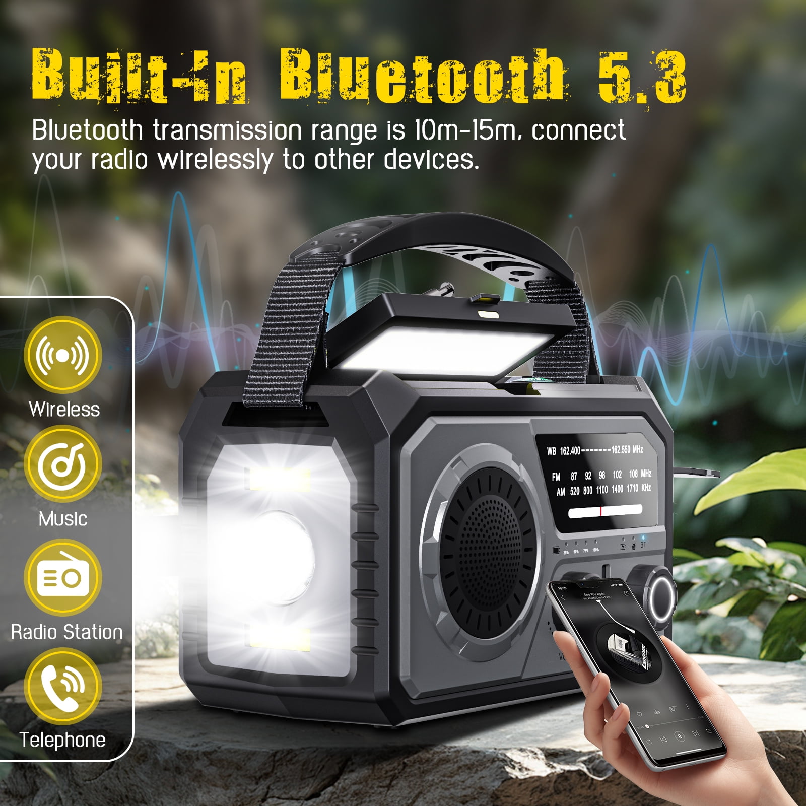 16000mAh/59200mWh Emergency Radio with Bluetooth 5.3-Hand Crank Weather Radio with Battery Powered and Fast Charging, NOAA/AM/FM Portable Solar Radio with SOS Alert Flashlight, Outdoor Survival Gear