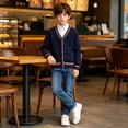 thumbnail image 2 of Boys‘ Cotton Cardigan Sweater Button-Up V-Neck Knit Basic Casual Outerwear School Uniform Sweater Striped Rib Trim Pullover, 2 of 6