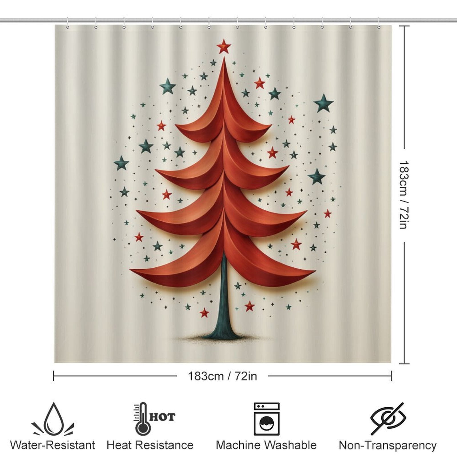 Christmas Tree Red Star Clean Simple Shower Curtain Sets 4 Piece Bath Mat U-Shaped Floor Mat Toilet Lid Oval Rug Hello Winter Waterproof Shower Curtain for Bathtub Decor