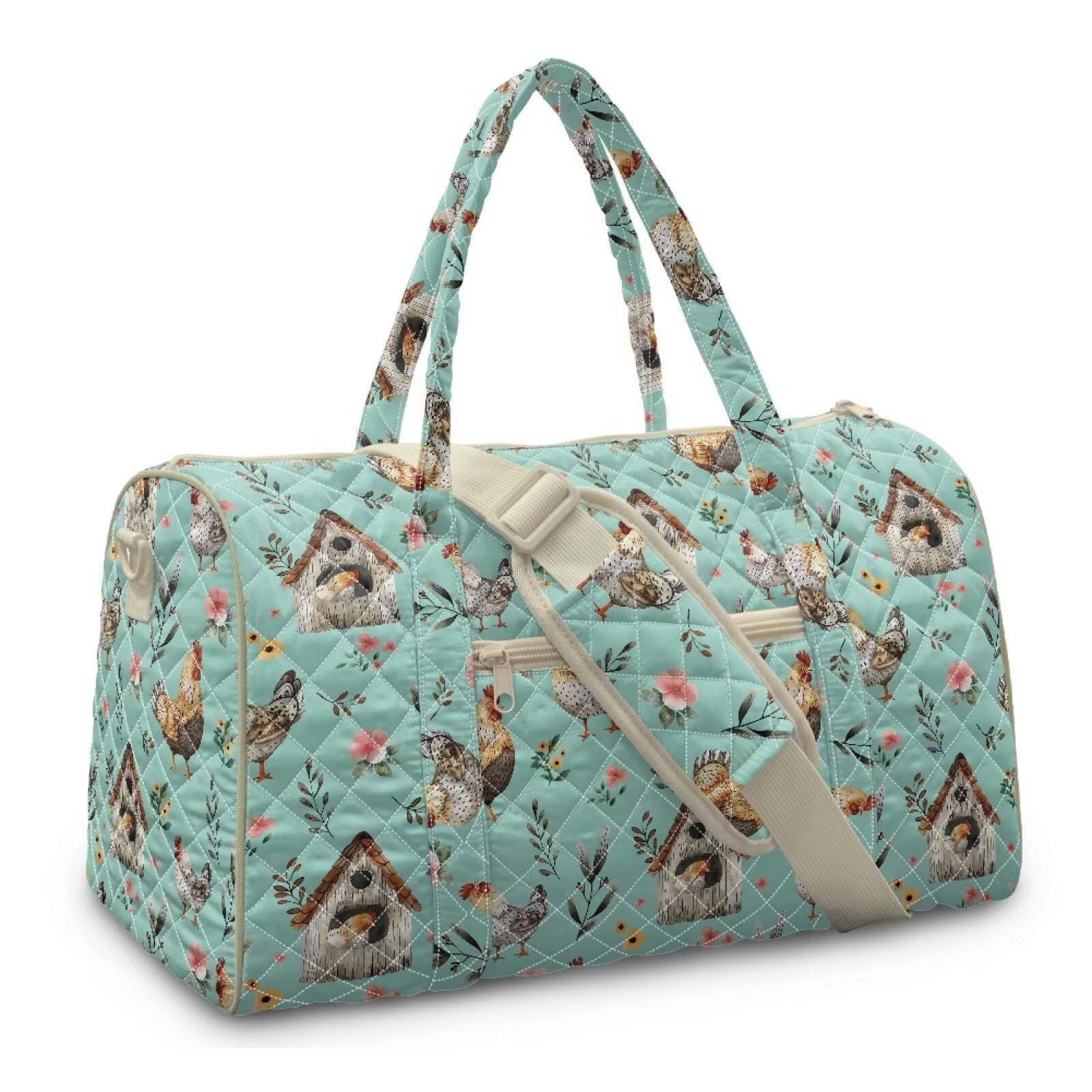 Garronmavis Large Quilted Duffle Bag for Women, Green Chicken Floral Print Weekender Bag Travel Carry On Tote Overnight Gym Dance Bag with Luggage Sleeve