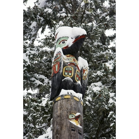Raven Totemic Figure On Tlingit Totem Pole At Auke Bay Recreation Area Winter In Southeast Alaska Poster Print (8 x