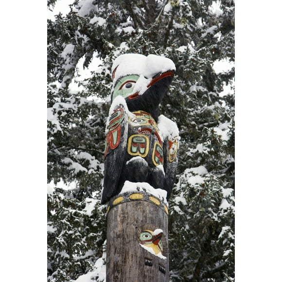 Raven Totemic Figure On Tlingit Totem Pole At Auke Bay Recreation Area. Winter In Southeast Alaska. Poster Print (8 x 10)