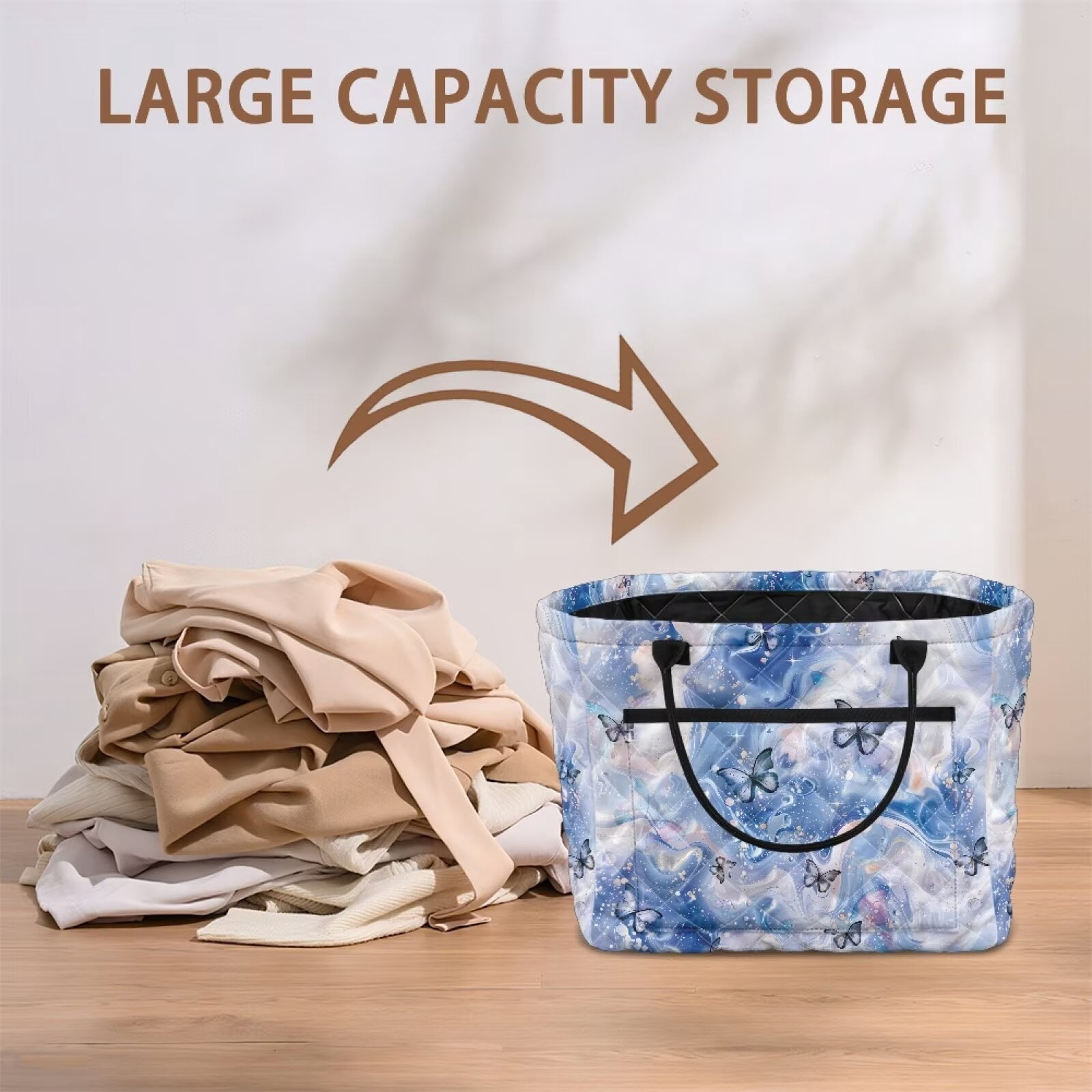 Yuyamidu Blue Marble Butterfly Quilted Laundry Basket with Easy Carry Handles Large Capacity Laundry Basket Nursery Organizer Bin for Home, Picnic, Shopping, Travel