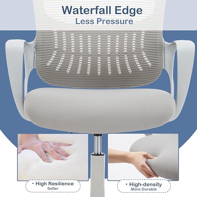 Ergonomic High-Back Mesh Office Chair - Breathable Waist and Back Support Computer Chair with Fixed Armrests, Height Adjustment, and 360° Swivel Base(Gray)