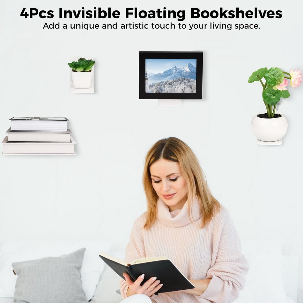 4Pcs Invisible Floating Bookshelves, Wall-Mounted Floating Book Organizers, Heavy-Duty Metal Book Storage Holders, Wall Ledge Shelves for Bedroom, Living Room, Office