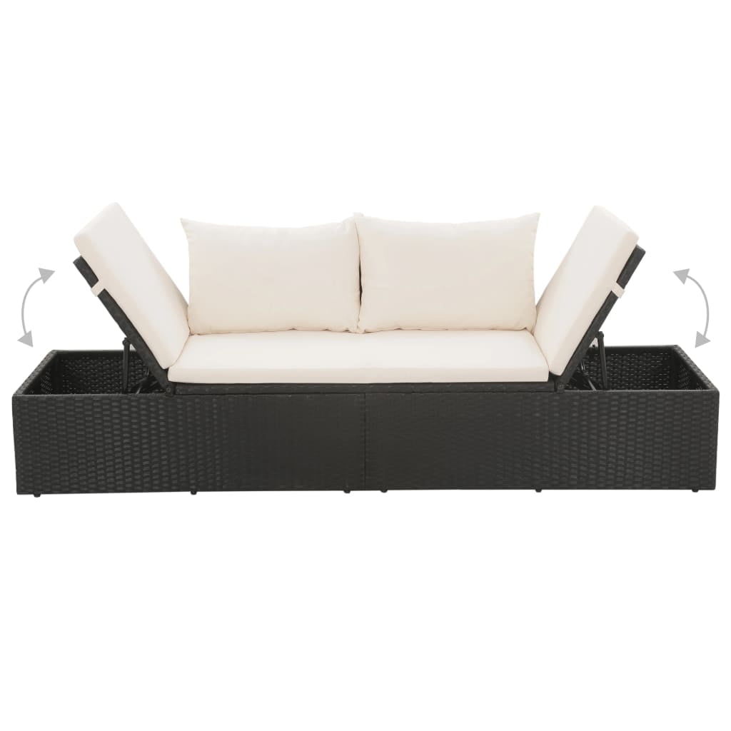 Canddidliike Outdoor Rattan Convertible Chaise Lounge Daybed Sofa with Cushion and Pillows for Patio Furniture - Black and Cream White