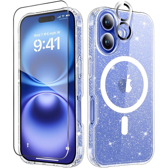 Entronix 3-in-1 Magnetic Glitter Clear Case Compatible with iPhone 16 with Camera and Screen Protector