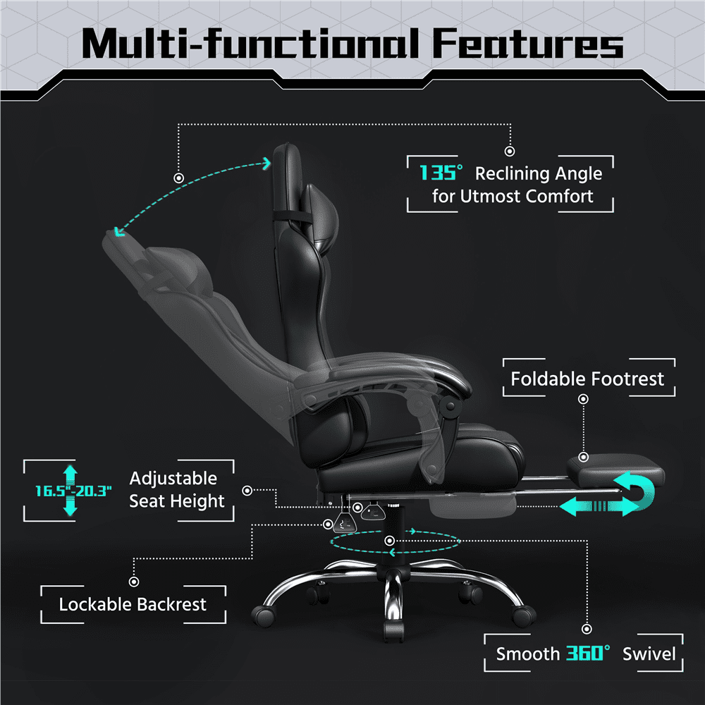 Alden Design Ergonomic High Back Gaming Chair with Massage Lumbar Pillow and Padded Armrests, Full Black
