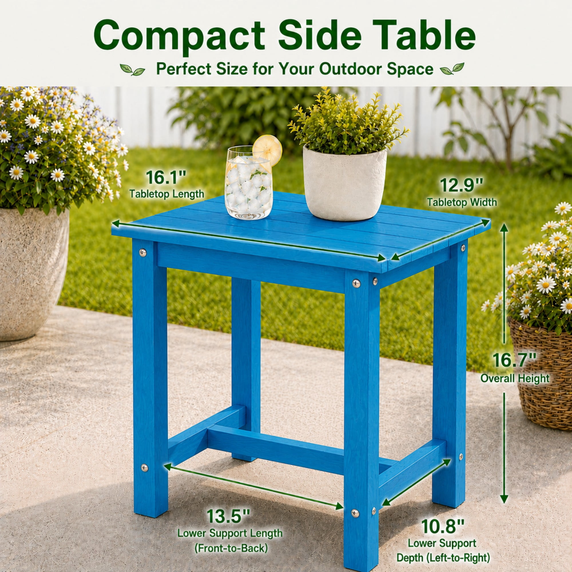 Y&M Outdoor Side Table, HDPE Patio End Table for Adirondack Chair, Weather Resistant Small Accent Table, Bright Blue, Single Layer