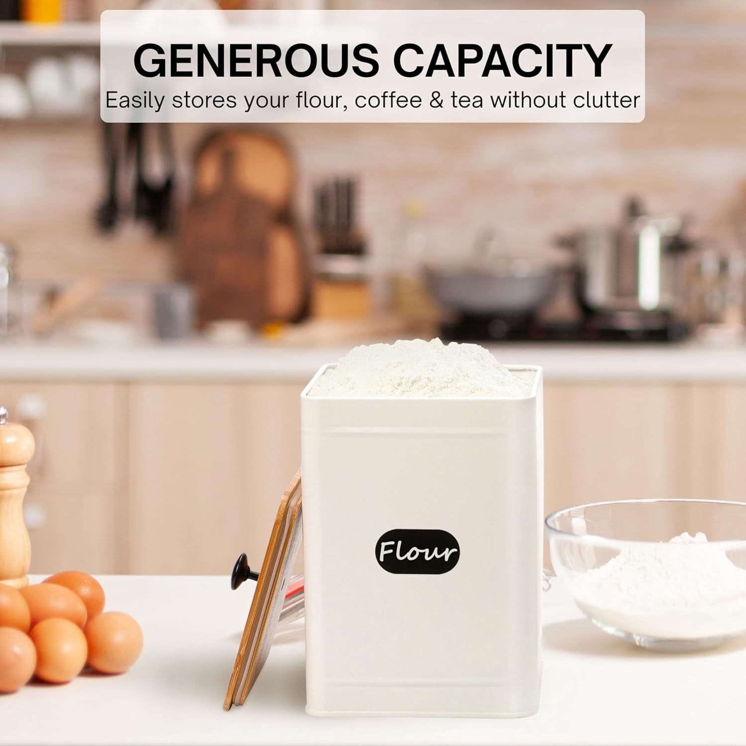 Perfnique Kitchen Canisters for Countertop Set of 3, Airtight Canisters Sets for the Kitchen Counter with Lid, Metal Farmhouse Food Storage Containers Jars for Flour Sugar Coffee Tea Spice (White)