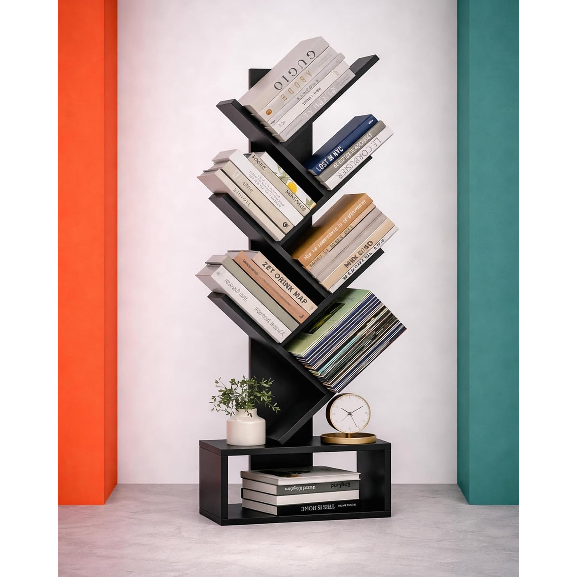 6 Tier Tree Bookshelf - Small Bookcase Compact Book Tower with Drawer Corner Bookshelf for Bedroom Living Room and Home Office Storage Black