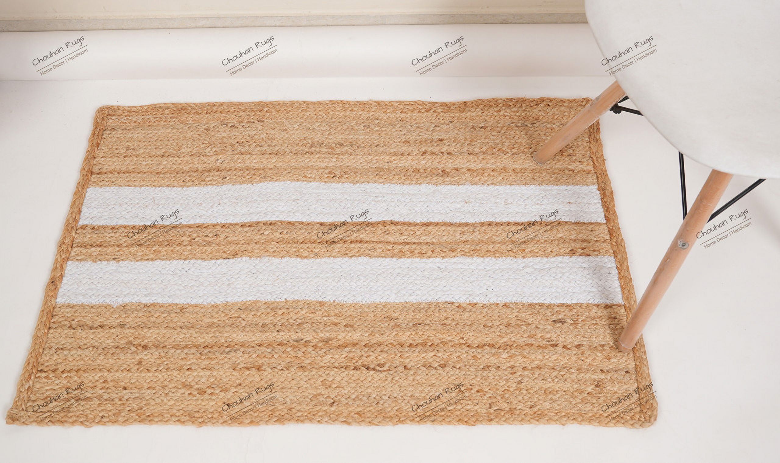 Rectangle Rug Natural Jute Rug Hand Braided Beige And White Color Area Rug