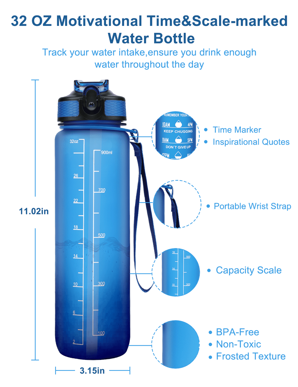 1L Plastic Water Fles Met Tijd Marker 32 Oz Motivatie Herbruikbare