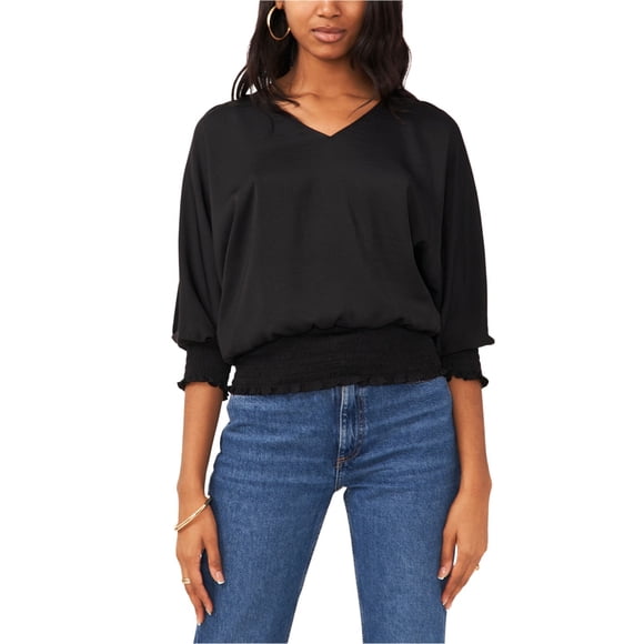 SAM AND JESS Womens Smocked Waist V Neck Peasant Blouse, black, M